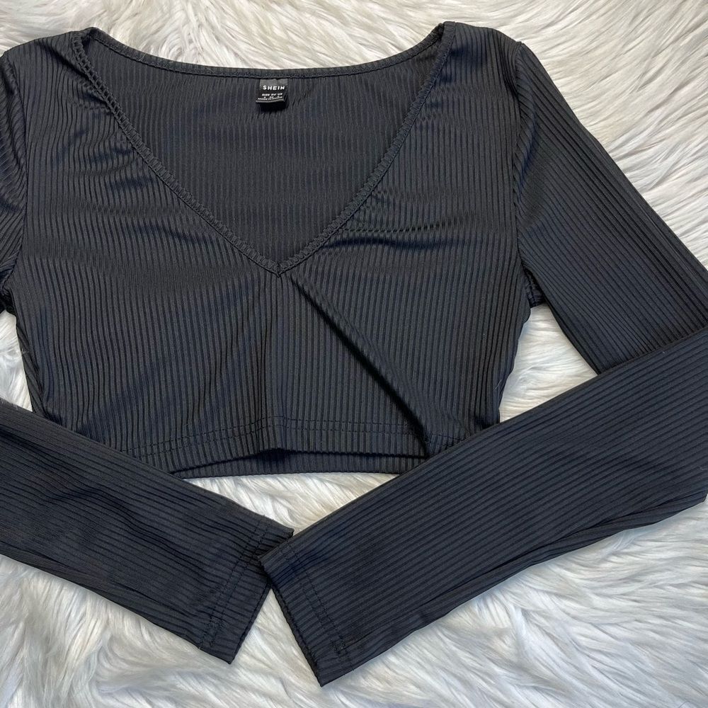 SHEIN Stretchy Cropped V Neck Long Sleeve Black Size Small